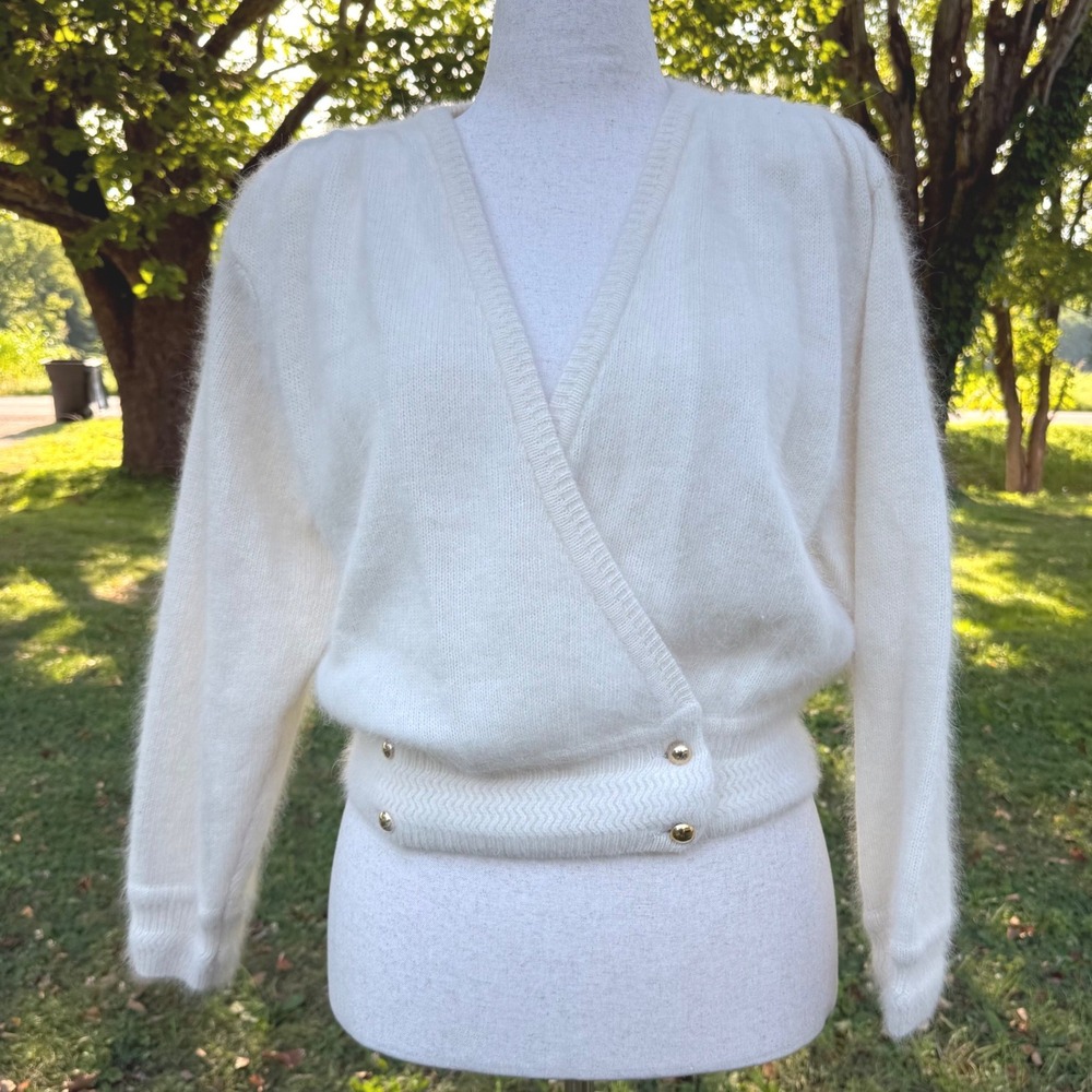 Vintage Chaus Angora Lambswool Wrap Cardigan Cream Gold Button Womens L Flawed